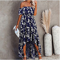 xizi foreign trade 2021 independence station explosive floral floral one-line princess dress short sleeve elegant european and american women