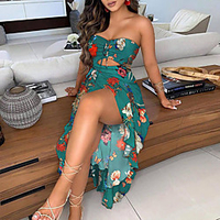 xz21201cross-border amazon aliexpress european and american printing strapless ruffled hem slit mid-length dress miniinthebox