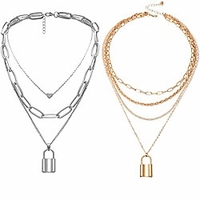 yfstyle layered lock necklace punk hip hop choker necklace lock heart pendant adjustable multilayer silver plated / gold plated chain necklace for women girls-2pcs