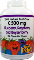 Natural Factors 100% Natural Fruit Chew C (Blueberry,  Raspberry & Boysenberry Flavour,  500 mg,  180 Chewable Wafers)