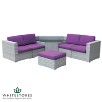 Katie Blake - Sandringham Large Modular Unit Glass Corner Table and Footstool - Grey Rattan (Plum Cushions)