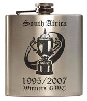 E-Volve Hip flask - 6oz - Stainless Steel - Mat Brushed Silver - RWC Rugby World Cup Champions South Africa (Springbok) 1995 2007