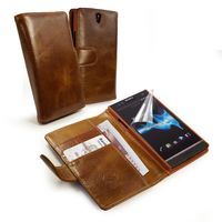 Tuff-Luv Vintage Leather Brown Wallet Case Cover (inc screen protector) for Sony Xperia S