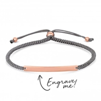 14ct Rose Gold Plated Sterling Silver 925 Bar On A Grey Cord Toggle Bracelet - Personalise By Engraving