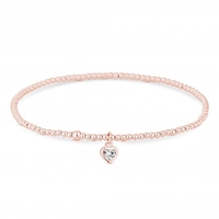 14ct Rose Gold Sterling Silver 925 Heart Charm Stretch Bracelet