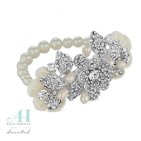 Designer silk flower and crystal leaf stretch bracelet