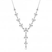Designer Silver Pearl And Crystal Cluster Lariat Necklace