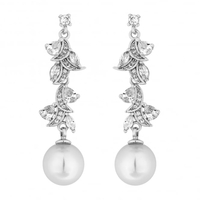 Designer Silver Pearl And Cubic Zirconia Navette Twist Drop Earring