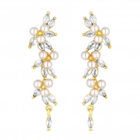 Gold Cubic Zirconia Pearl Crystal Vine Pear Drop Earrings