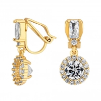 Gold Plated Clear Crystal Baguette Stone With Round Crystal Drop Clip On Earring