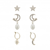 Gold Plated Crystal 3 Celestial Earrings - Pack of 3
