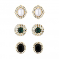 Gold Plated Jet And Green Crystal Earrings - Pack of 3