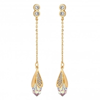 Gold Plated Pave and Polish Flower Cone Long Drop Earrings