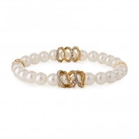 Gold Plated Pave Encased Cream Pearl Stretch Bracelet