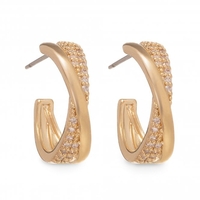 Gold Plated Polished And Pave Cross Over Mini Hoop Earring