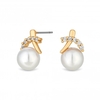 Gold Polished And Pave Cross Over Pearl Stud Earrings