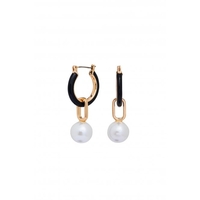 Mood Gold Plated Balck Enamel And Pearl Hoop Earrings