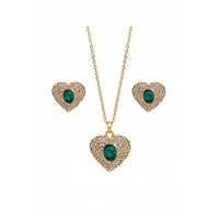 Mood Gold Plated Crystal Heart Green Stone Necklace and Earring Set