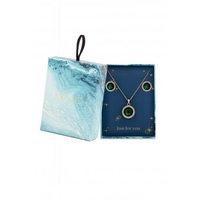 Mood Gold Plated Emerald Green Halo Pendant And Earrings - Gift Boxed