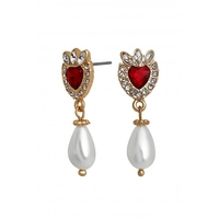 Mood Gold Plated Red Heart Crystal Pearl Drop Earrings