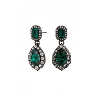 Mood Hematite Plated Green Tear Drop Halo Earrings