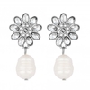 Mood Silver Crystal Flower Top Freshwater Pearl Drop Earrings