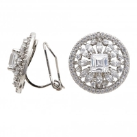 Rhodium Plated Cubic Circonia Floral Stud Clip Earrings