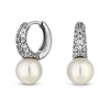 Rhodium Plated Cubic Zirconia And Pearl Mini Hoop Earrings