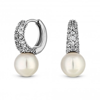 Rhodium Plated Cubic Zirconia And Pearl Mini Hoop Earrings