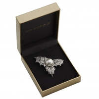 Rhodium Plated Pave Pearl Holly Brooch - Gift Boxed