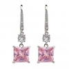 Rhodium Plated Pink Stone Drop Earrings