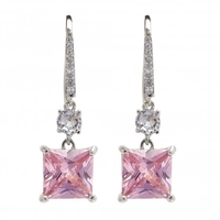 Rhodium Plated Pink Stone Drop Earrings