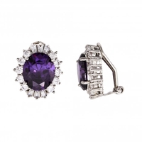 Rhodium Plated Purple Cubic Zirconia Clip on Earrings