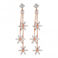 Rose Gold Cubic Zirconia Three Flower Linear Drop Earrings