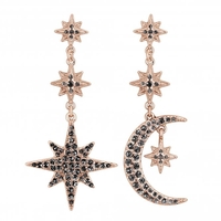 Rose Gold Plated Jet Crystal Moon And Star Earrings