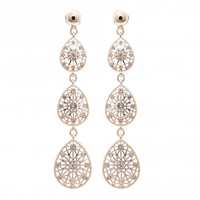 Rose Gold Plated Pear Shape Filagree Three Drop Earrings