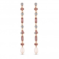 Rose Gold Plated Pink Crystal Pearl Long Drop Earrings