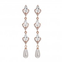Rose Gold Plated Triple Cubic Zirconia Navette And Pearl Drop Earring