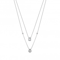 Silver 925 Cubic Zirconia Emerald and Pear Cut Halo Double Row Necklace
