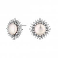 Silver Crystal Pave Surround Bouton Pearl Stud Earings