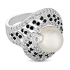 Silver Plated Black Crystal And Faux Pearl Swirl Ring