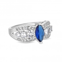 Silver Plated Blue Centre Cubic Zirconia Crystal Navette Stone Ring