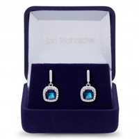 Silver Plated Blue Cubic Zirconia Square Drop Earring - Gift Boxed