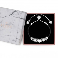 Silver Plated Charm Bracelet With Black Plait Strap - Gift Boxed