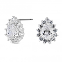 Silver Plated Clear Cubic Zirconia Classic Pave Surround Pear Stud Earring