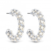 Silver Plated Cream Pearl Crystal Bead Hoop Earrings