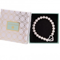 Silver Plated Cream Pearl Pave Heart T Bar Bracelet - Gift Boxed
