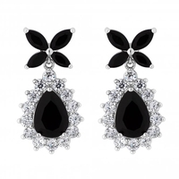 Silver Plated Crystal And Black Flower Pear Drop Earrings