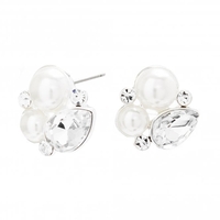 Silver Plated Crystal And Pearl Cluster Stud Earrings