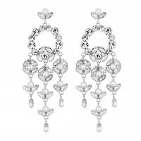 Silver Plated Crystal and Pearl Floral Chandelier Drop Earring